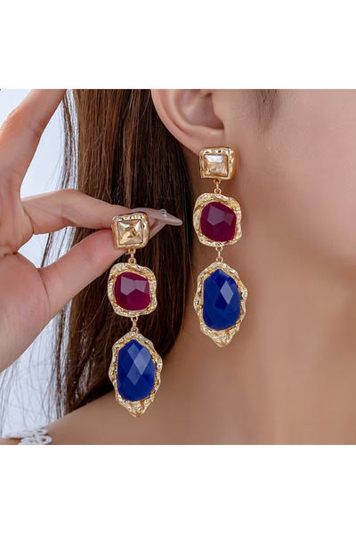 begüm jewelery BORDO-LACİVERT-KREM TAŞLARLA İŞLENMİŞ SALLANTILI TASARIM KÜPE