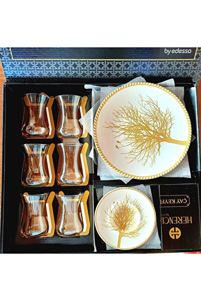 Kristella 18 PARÇA Altın Renkli Ağaç Desenli Bardak ve Tabak Seti