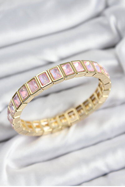 Skygo Brass Pink Zircon Stone Rectangular Model Gold Color Elastic Women's Br...