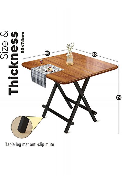 Taimi Folding Dining Table 80x80x74cm with Wooden Top & Metal Legs, Portable Table with a Modern Brown