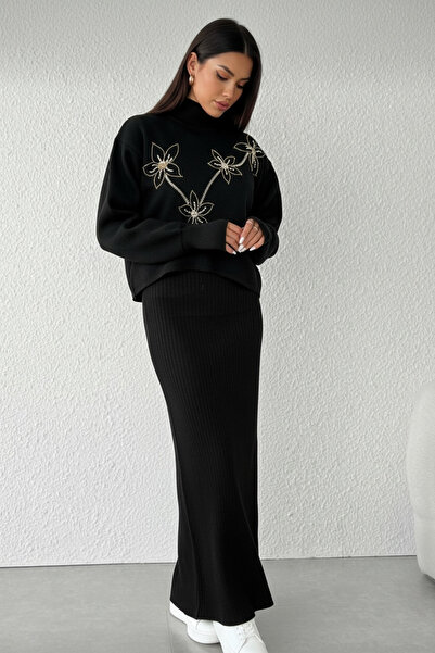 NEWCO Black Corded Fabric Maxi Knitwear Dress & Stone Patterned Oversized Knitwear Sweater Double Set