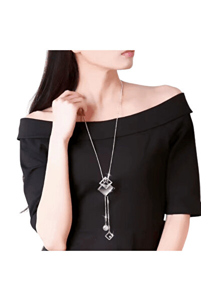 CRM Elegant women's necklace CRM, gold chain with grey square pendant, 75 cm