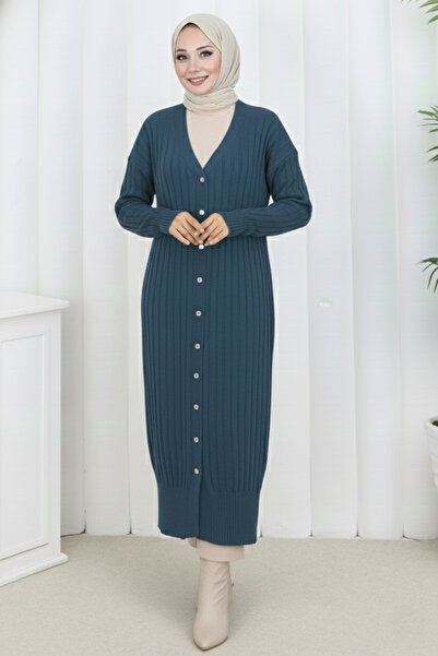benguen Patterned Long Mercerized Cardigan N3257 Petrol