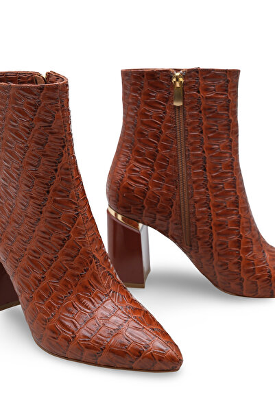 Women Lay-z Women's Tan Crocodile Pointed Toe Boots, 8.5 cm Heel, Stylish, Modern, and Powerful Style with Gold Detail.