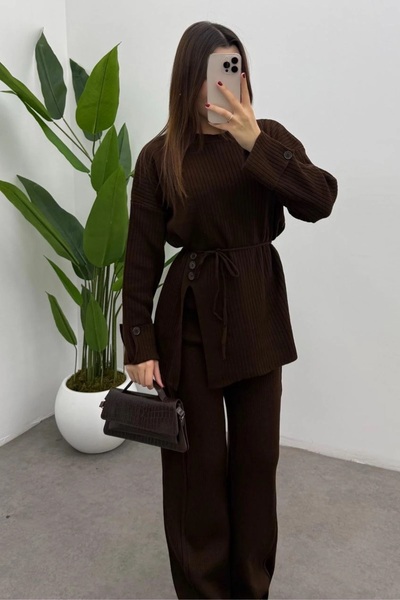 Yefrastore Women's Brown Belted Button Detailed Sweater Pants 2-Piece Knitwear Set