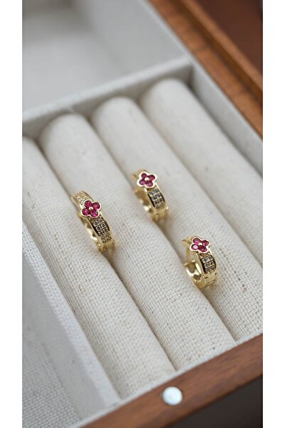 Jerie Gold Bordo Taş Detay Yonca Üçlü Halka Küpe Seti