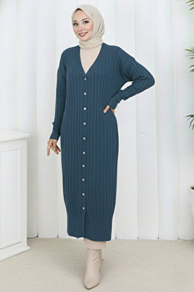 benguen Patterned Long Mercerized Cardigan N3257 Petrol