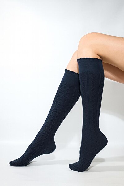 Daymod Women's Navy Blue Dafne Soft 200 Denier Thick Winter Viscose Patterned Knee-High Socks