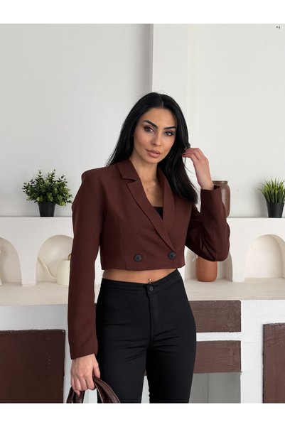 Bukamiss سترة نسائية بأزرار على الجهتين كروب بليزر باللون البني