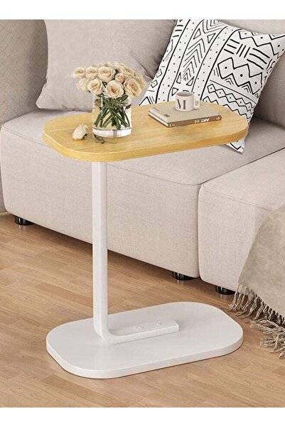 Taimi Modern coffee table | C-shaped side table with a light wood top and white metal frame, 60x28 x40cm