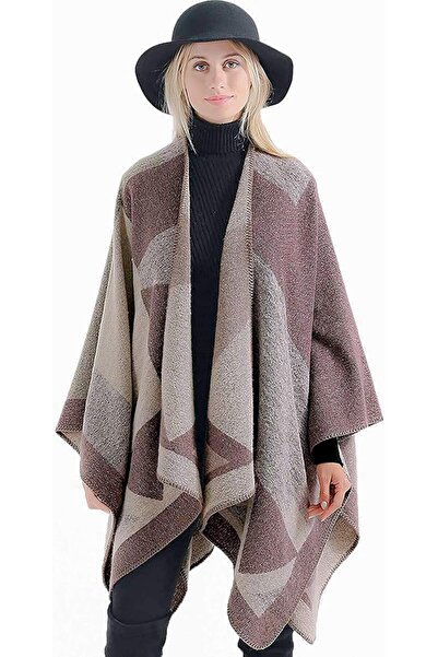 EXCEFORE Women's Reversible Oversized Poncho Shawl Wrap - Open Front, Warm