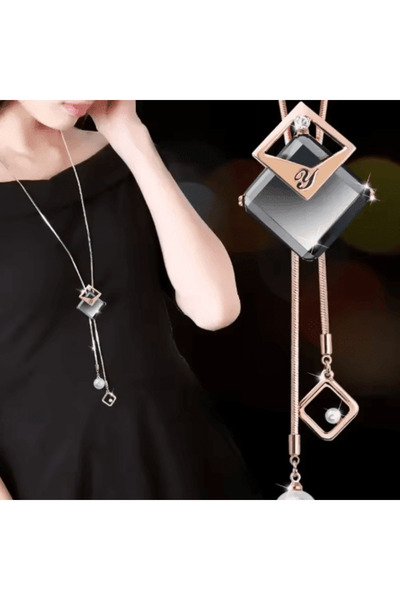CRM Elegant women's necklace CRM, gold chain with grey square pendant, 75 cm