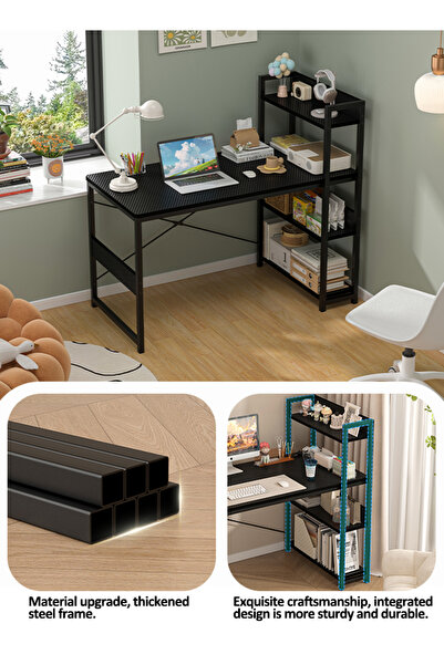 Bangiga Study Desk with Bookshelf, Office Table with Storage Shelves,Carbon Fiber Desktop Computer Desk