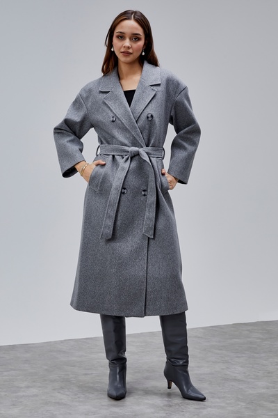 Bolivente Gray Double-Breasted Closure Waist-Tied Wide Fit Cashmere Coat