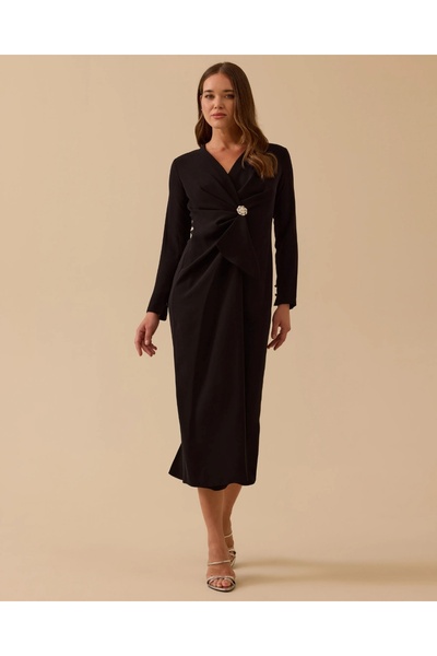 SEÇİL YENİ KADIN taş detaylı drapeli midi boy şık elbise 30002521318003