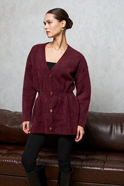 Yefrastore Women's Burgundy Gold Button Detailed Soft Cardigan
