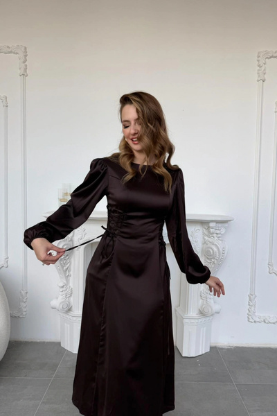 HELİS BUTİK Сукня з поясом і шнурівкою, кавового кольору, з атласу