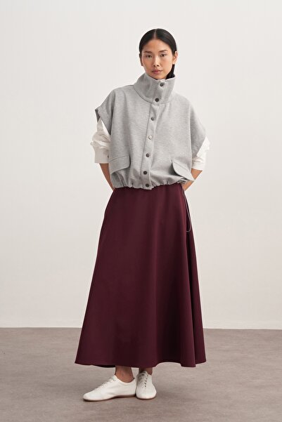 EBU Prive Women's Gabardine Belted Flared Skirt Dark Plum