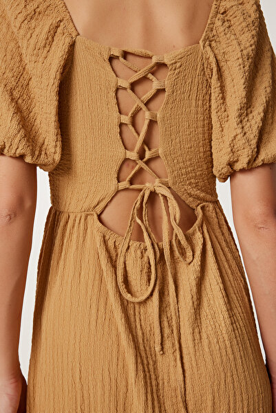 Lovelyİstanbul Heart Neckline Textured Summer Knitted Dress Lub0010 Camel