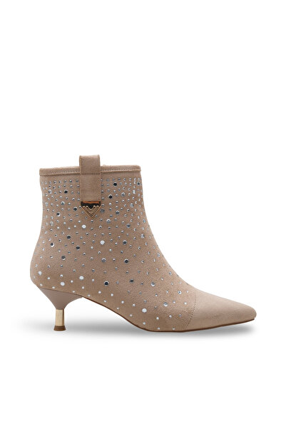 Women Lay-z Women's Beige Suede Pointed Toe 5 cm Heel Modern Stone Detailed Stylish Ankle Boots