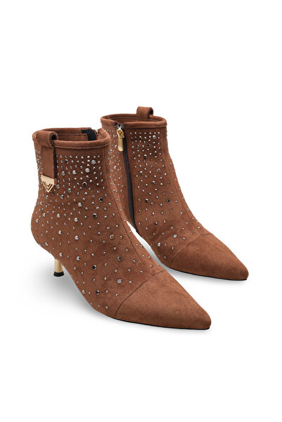 Women Lay-z Women's Tan Suede Pointed Toe 5 cm Heeled, Stylish Boots with Sparkling Stone Detail — Elegance and Comfort in One.