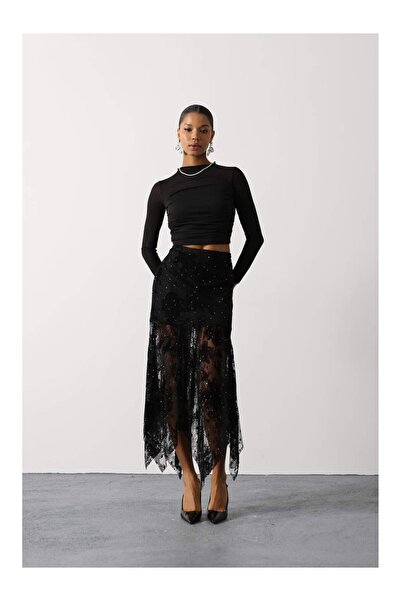 Coral Mini Taşlı Eteği Dantelli Etek 37187 Siyah