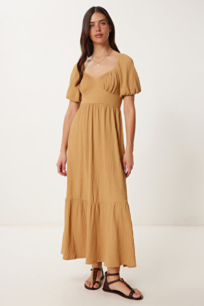 Lovelyİstanbul Heart Neckline Textured Summer Knitted Dress Lub0010 Camel