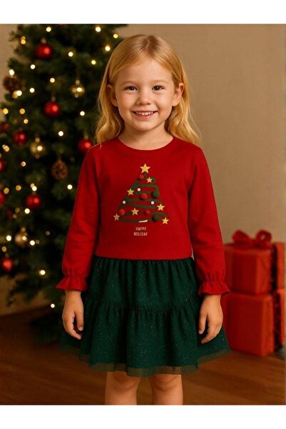 Zekids Girl's Pompom Glitter Christmas Themed Dress