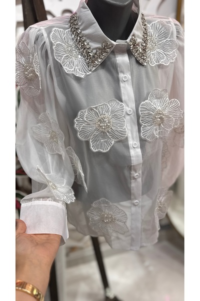 ŞEHRAZAT BUTİK Floral Design Shirt with Collar Stone Detail