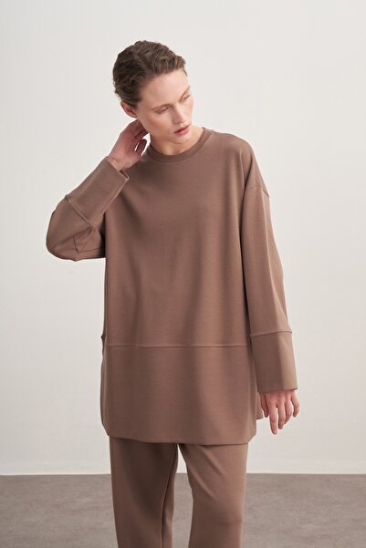 EBU Prive Дамски шал с аксесоари, изработен от интерлок, в цвят кафе