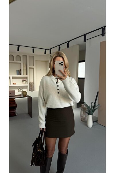 Sezgi Tekin Button Detail Soft Textured Ecru Sweater