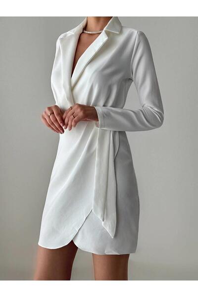 Coral Ceket Yaka Mini Elbise 11557 Beyaz