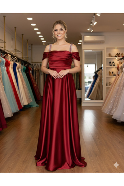 MAKKASMODA TAŞ ASKILI ÜSTÜ DRAPELİ GENİŞ PİLELİ ETEKLİ BÜYÜK BEDEN SATEN ABİYE ELBİSE