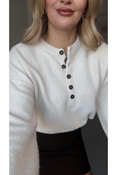Sezgi Tekin Button Detail Soft Textured Ecru Sweater