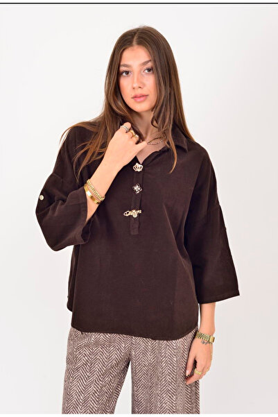 Miss BuBu Collection Kadın İtalyan Royal Broşlu Kadife Gömlek