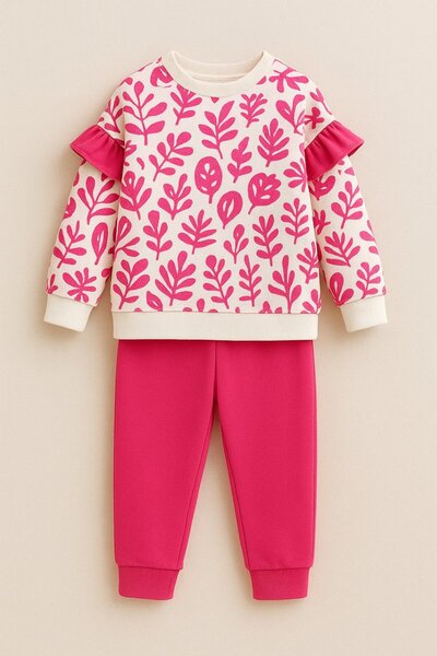 Yalçınoğlu Kids Girl's Hooded Piece Tracksuit Set Pink Patterned Bottom Top Set 3-9 Years Old