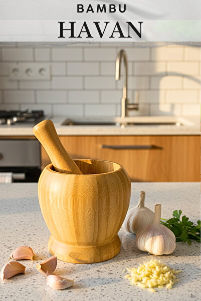 Penthouse Doğal Bambu Ahşap Havan Sarımsak Ezeceği - 10 x 10 cm