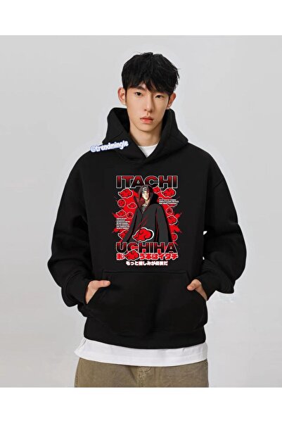 DEEFWEAR Hanorac negru Uchiha Itachi Naruto Anime B cu imprimeu O supradimens...