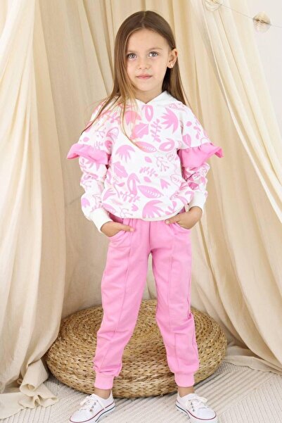 Yalçınoğlu Kids Girl's Hooded Piece Tracksuit Set Pink Patterned Bottom Top Set 3-9 Years Old