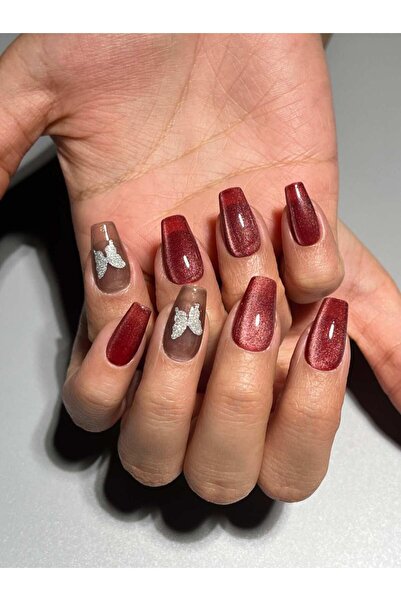 NailsTell Z003 S Beden Kırmızı Kahverengi Simli Kelebek Protez Jel Takma Tırn...