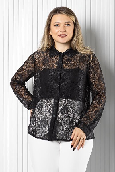 SUBU TASARIM Δαντελένιο διάφανο γυναικείο πουκάμισο με κουμπιά TBS988