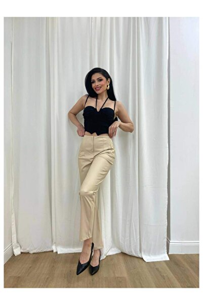 Coral Beli Dikiş Detaylı Deri Pantolon 11644 Bej