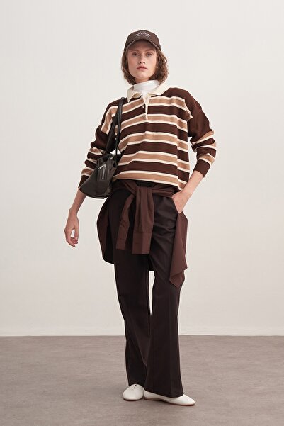 EBU Prive Women's Striped Collar Knitwear Sweater Brown