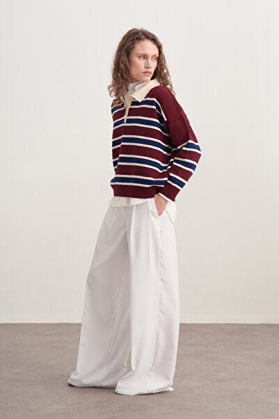 EBU Prive Women's Striped Collar Knitwear Sweater Burgundy