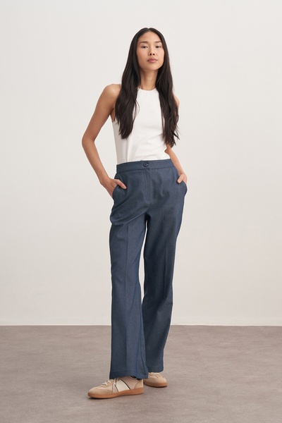 EBU Prive Women's Gabardine Palazzo Pants Denim Blue