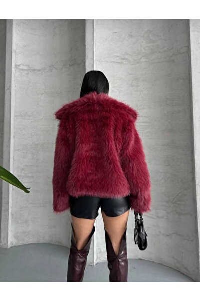 ECK MODA Women's Inner Lined Pocketed Wide Collar Fur Coat