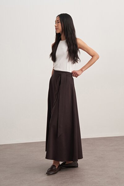 EBU Prive Women's Gabardine Belted Flared Skirt Brown