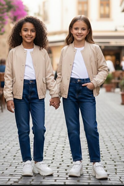 nk kids Girl's Button Closure Pocketed Elastic Waist Thin Woven Cotton Fabric Bomber Jacket