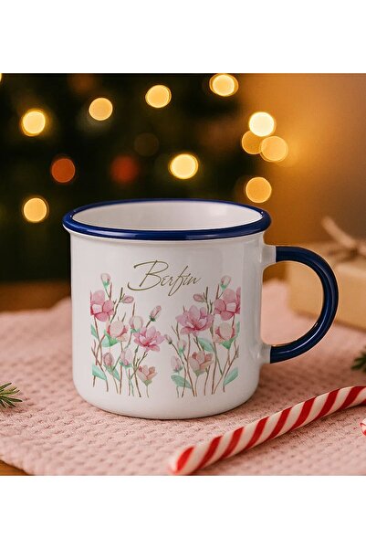 Bk Gift Kişiye Özel Çiçek Tasarımlı Lacivert Emaye Kupa Bardak -11, Arkadaşa ...