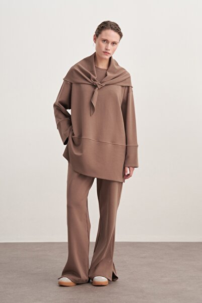 EBU Prive Дамски шал с аксесоари, изработен от интерлок, в цвят кафе